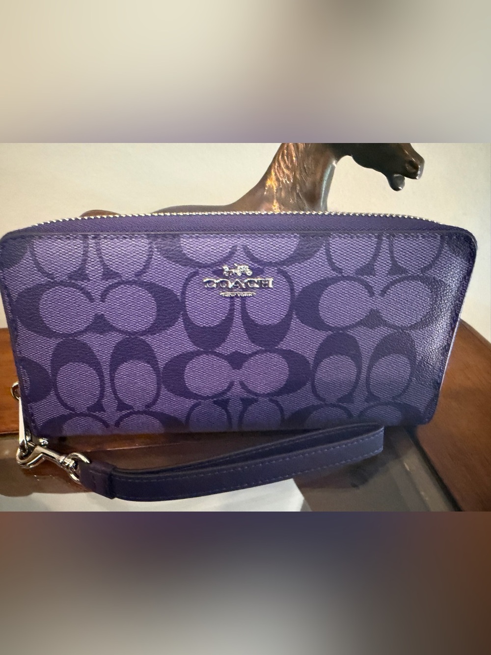Coach Purple Signature C Jacquard Zip Around Wallet Wristlet Leather